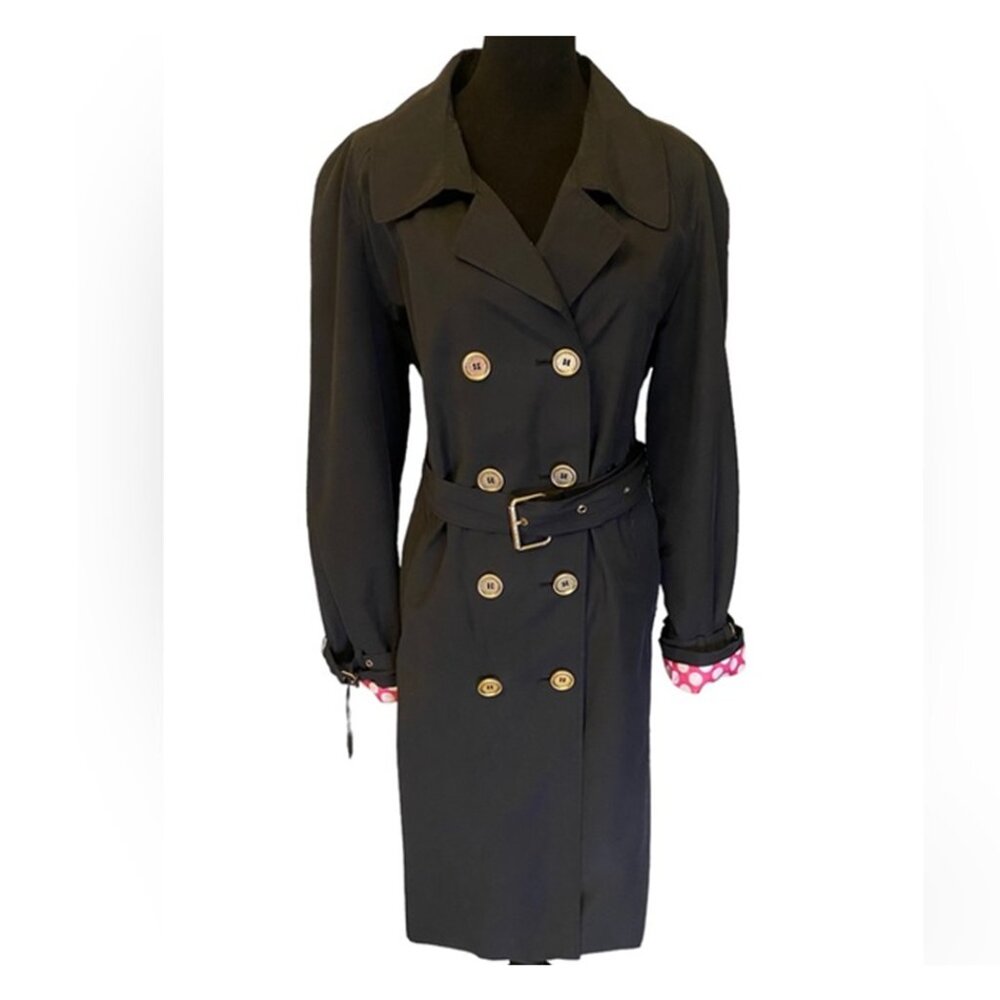 ISAAC MIZRAHI Live! Black Trench Coat Polka Dot Lining Gold Hardware FREE SHIP